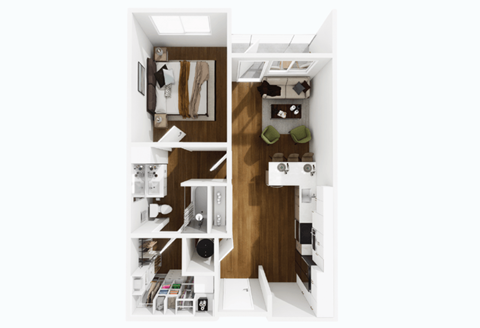 Floor plan for 1 bed, 1 bath, 671 sqft